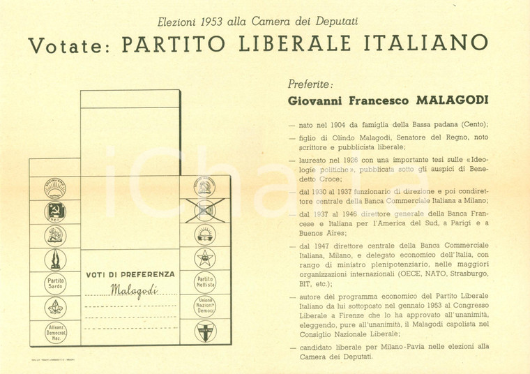 1953 MILANO ELEZIONI POLITICHE Votate PLI Giovanni Francesco MALAGODI *Volantino