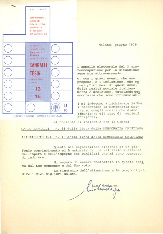 1979 MILANO ELEZIONI POLITICHE DC Lino MONTAGNA vs terrorismo e inflazione