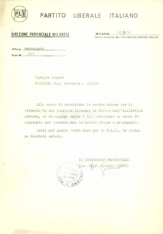 1971 MILANO PROPAGANDA POLITICA PLI per incrementare iniziativa privata