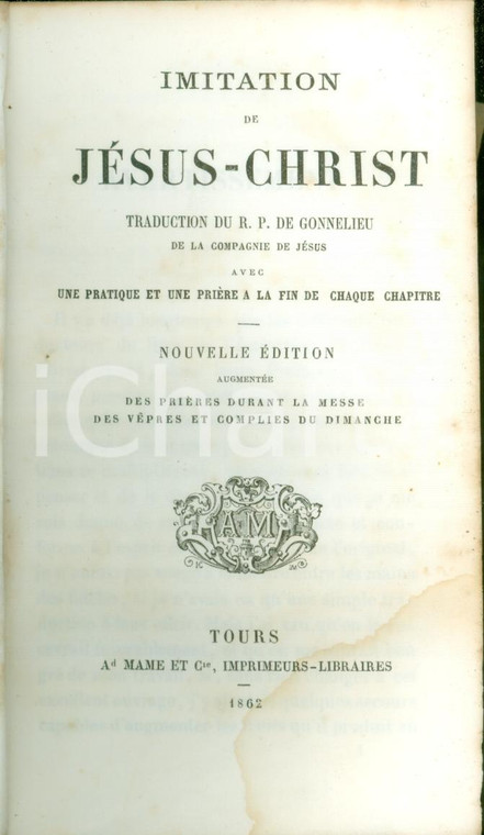 1862 IMITATION DE JESUS CHRIST traduzione Jérôme DE GONNELIEU *Volume