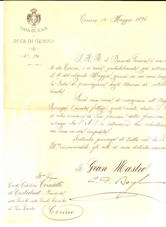 1896 TORINO Marchese Carlo Felice DI BOYL su invito al DUCA DI GENOVA Autografo