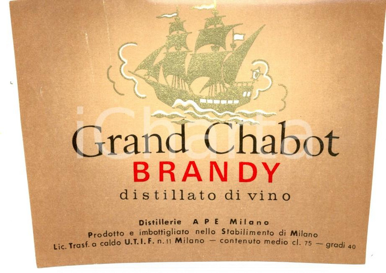 1970 ca MILANO GRAND CHABOT BRANDY Distillato di vino Etichetta ILLUSTRATA