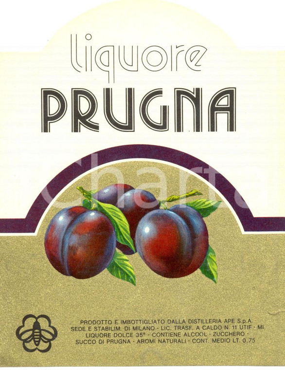 1970 ca MILANO LIQUORE PRUGNA Distilleria APE Etichetta ILLUSTRATA