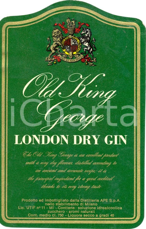 1970 ca MILANO OLD KING GEORGE London Dry GIN APE Etichetta ILLUSTRATA