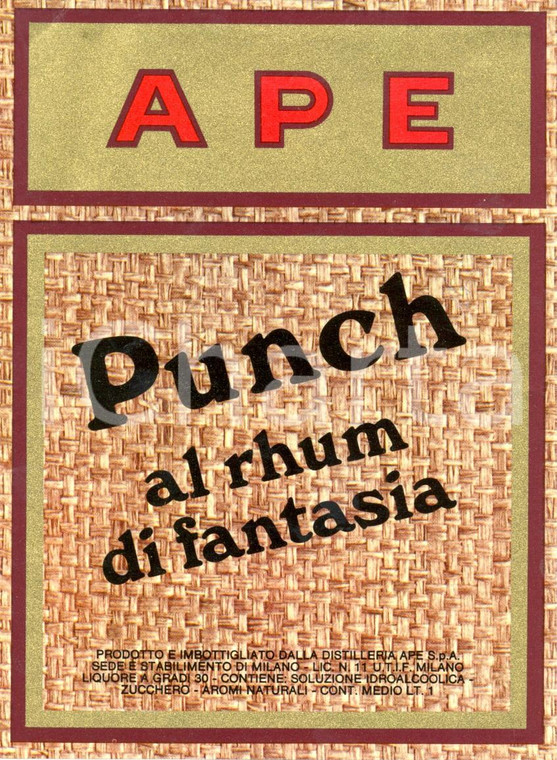 1970 ca MILANO APE PUNCH al rhum di fantasia Etichetta pubblicitaria