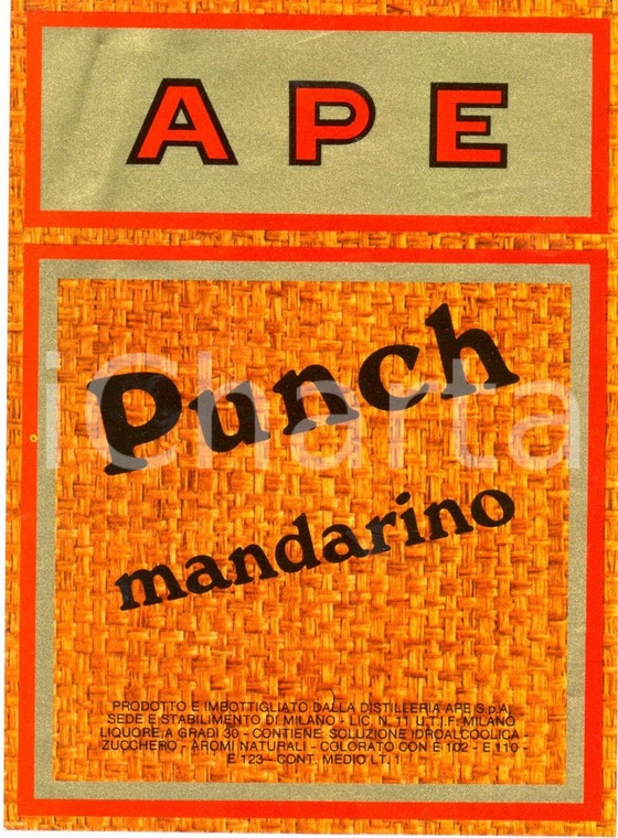 1970 ca MILANO APE PUNCH MANDARINO ETICHETTA pubblicitaria d'epoca
