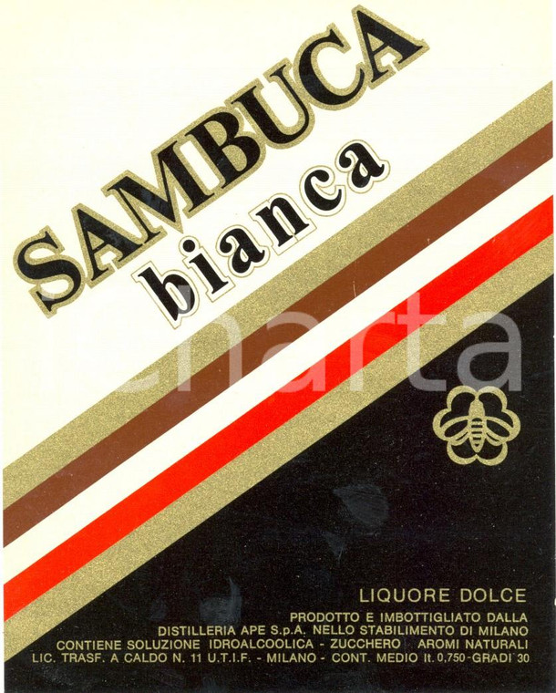 1970 ca MILANO SAMBUCA BIANCA Liquore dolce Distilleria APE ETICHETTA 
