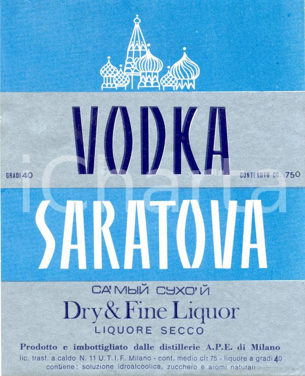 1970 ca MILANO Vodka SARATOVA Liquore secco Distilleria APE ETICHETTA ILLUSTRATA
