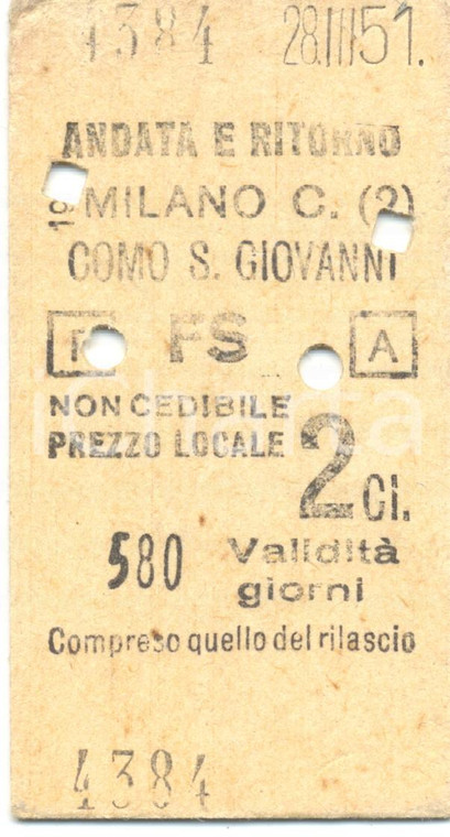 1951 MILANO CENTRALE FF. SS. Biglietto ferroviario per COMO SAN GIOVANNI