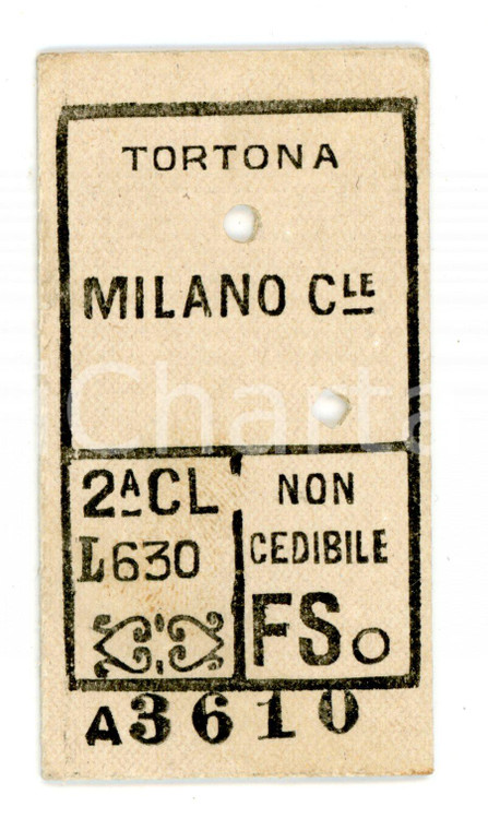 1950 MILANO CENTRALE FF. SS. Biglietto ferroviario per TORTONA seconda classe