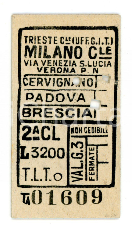 1951 TRIESTE FF. SS. Biglietto ferroviario per MILANO CENTRALE via CERVIGNANO