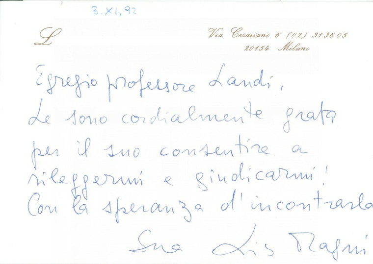1992 MILANO Lisetta FASIANI MAGNI ringrazia per il sostegno Biglietto AUTOGRAFO