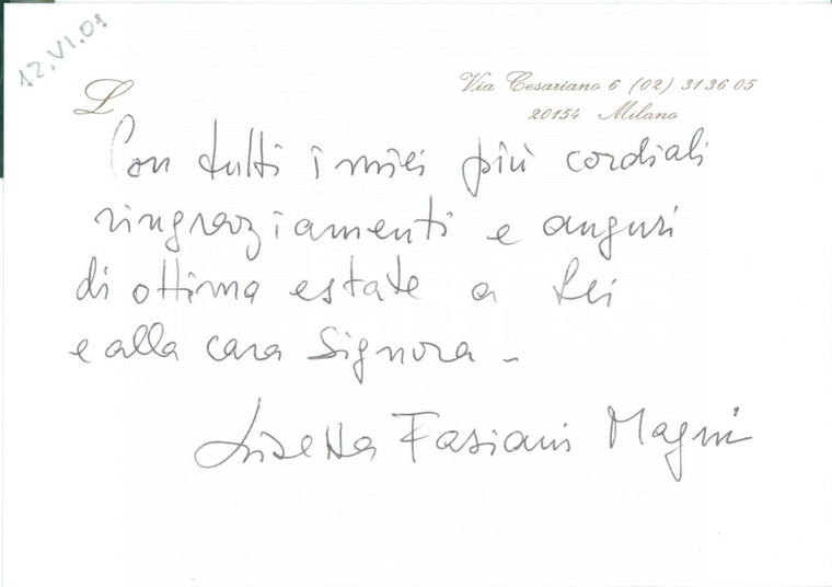 2001 MILANO Lis FASIANI MAGNI invia auguri per l'estate *Biglietto AUTOGRAFO