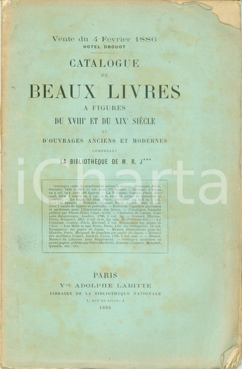 1886 PARIS Librairie LABITTE Catalogue beaux livres figures Bibliothèque M. R.J.