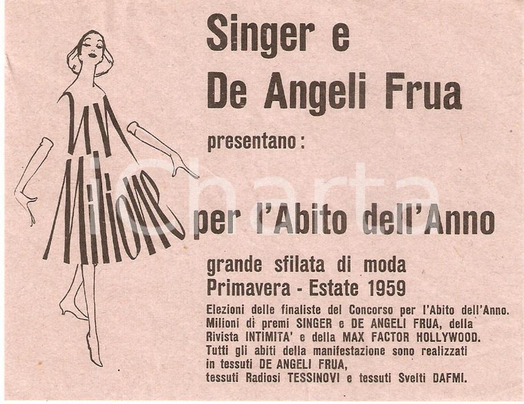 1959 SINGER - DE ANGELI FRUA Sfilata 1 milione per l'abito dell'anno *Volantino