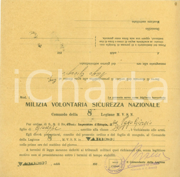 1940 ca VARESE WW2 Giorgio VAGO 8° Legione Camicie Nere richiamato alle armi