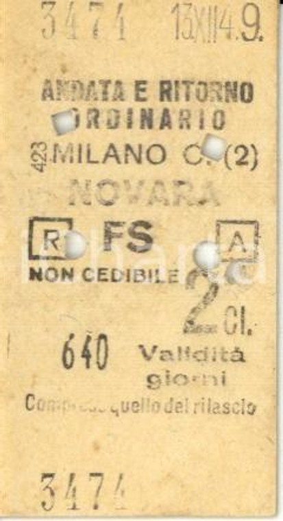 1949  FF.SS. MILANO CENTRALE - NOVARA Biglietto andata e ritorno 2^ classe
