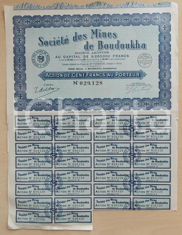 1937 PARIS Société des Mines de BOUDOUKHA Certificato al portatore con 30 CEDOLE