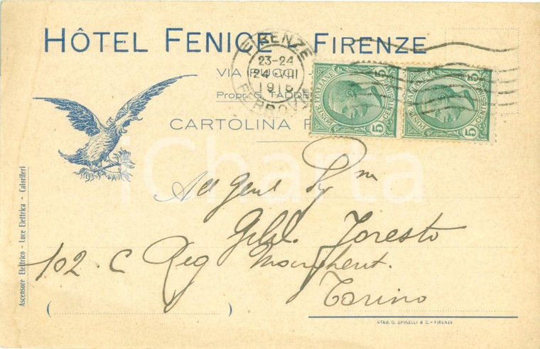 1916 FIRENZE Hotel FENICE in Via PUCCI *Cartolina pubblicitaria FP VG