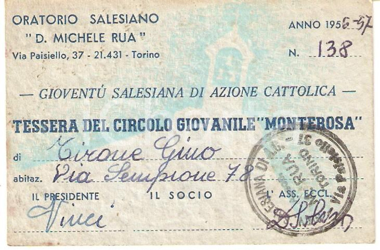 1957 TORINO Oratorio Salesiano AZIONE CATTOLICA Circolo MONTEROSA *Tessera 