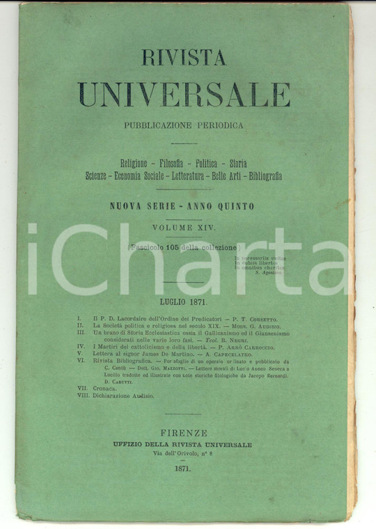 1871 FIRENZE RIVISTA UNIVERSALE Martiri del cattolicesimo *Anno V n°105