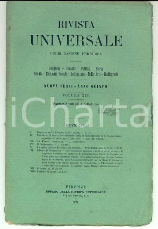 1871 FIRENZE RIVISTA UNIVERSALE Satira latina ed educazione romana *Anno V n°106