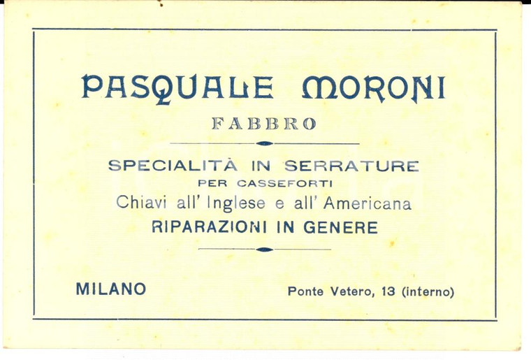 1920 ca MILANO Pasquale MORONI fabbro - Serrature casseforti *Cartoncino