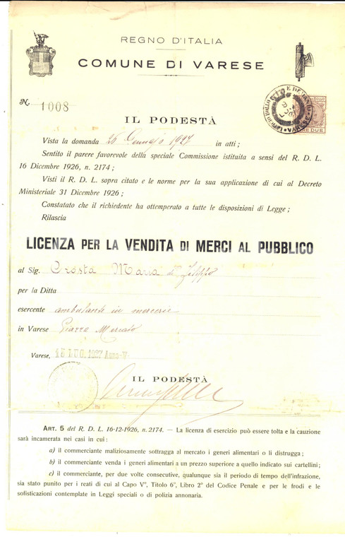 1927 VARESE Licenza a Maria CROSTA per vendita ambulante di mercerie