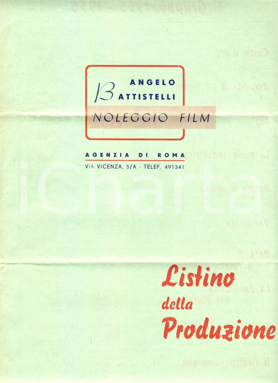 1956 ROMA Angelo BATTISTELLI Noleggio film - Listino della produzione