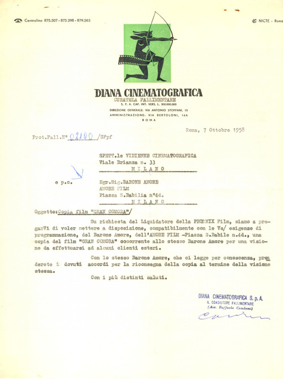1958 CINEMA ROMA DIANA CINEMATOGRAFIA chiede copia film 'Gran Comora'