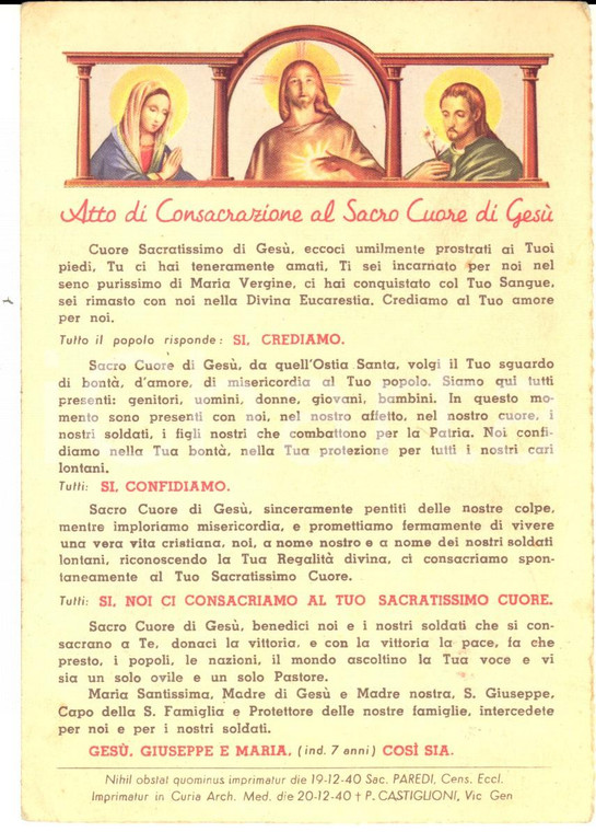 1940 MILANO Università CATTOLICA Cartolina SACRO CUORE DI GESU' pro soldati