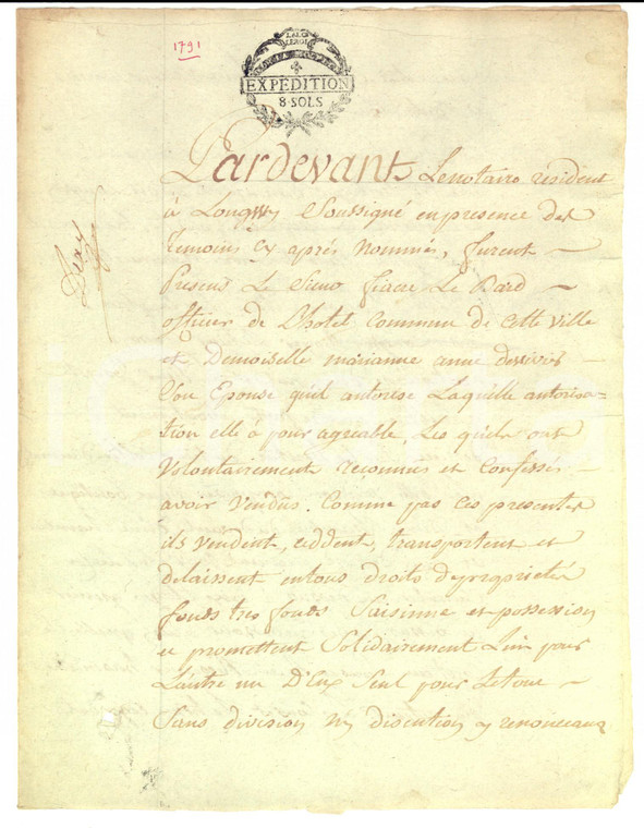 1791 LONGWY (F) Orologiaio Jean François ARQUIN acquista casa con bottega