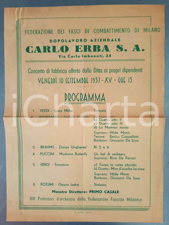 1937 MILANO Dopolavoro CARLO ERBA - Locandina concerto di fabbrica