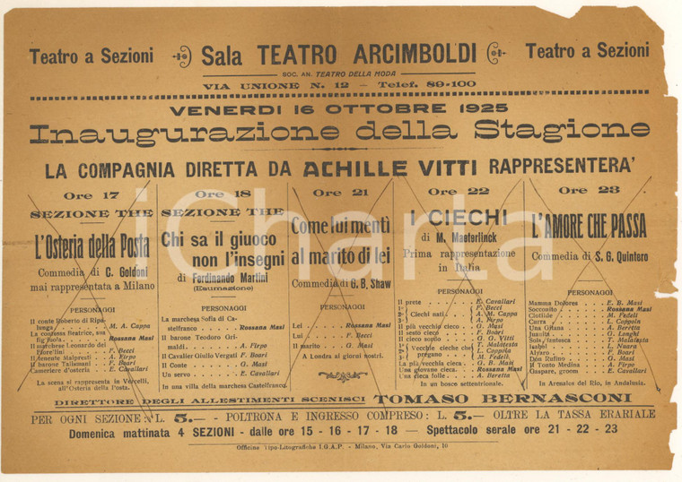 1925 MILANO TEATRO ARCIMBOLDI - Volantino inaugurazione VITTI *DANNEGGIATO