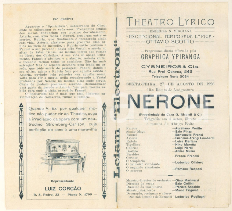 1926 RIO DE JANEIRO Compagnia Lirica OTTAVIO SCOTTO *Volantino NERONE