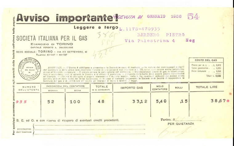 1936 TORINO SOCIETA' ITALIANA PER IL GAS - Bolletta pubblicitaria FORNO A GAS 