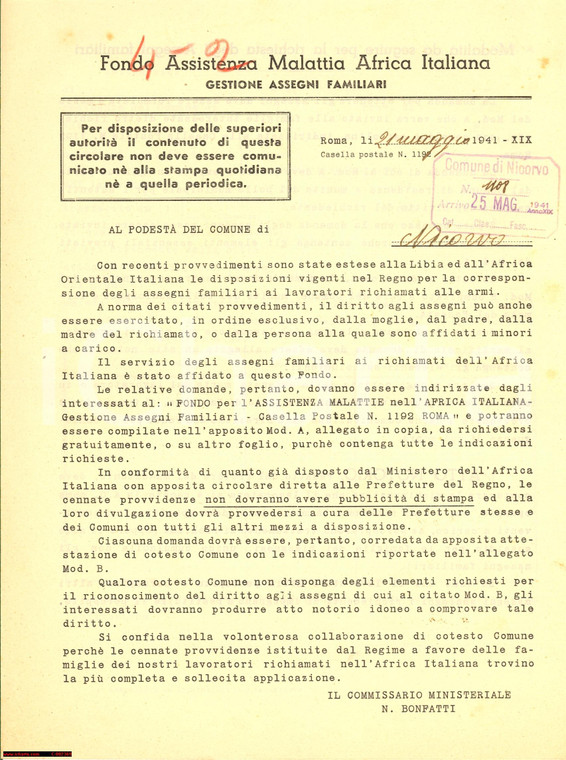 1941 ROMA Fondo Assistenza Malattia AFRICA ITALIANA - Lettera per assegni