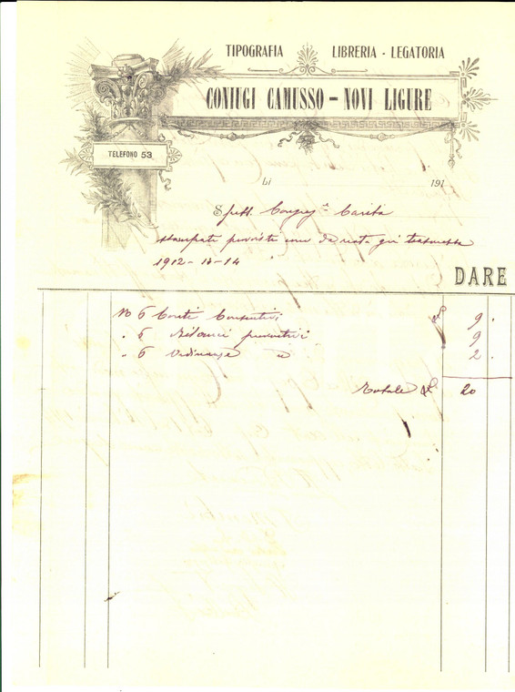 1914 NOVI LIGURE (AL) Coniugi CAMUSSO Tipografia e libreria *Fattura intestata