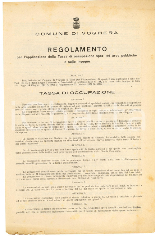 1921 VOGHERA PV Regolamento occupazione suolo pubblico