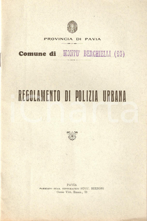 1937 RUINO (PV) Regolamento Polizia urbana di MONTU' BERCHIELLI *Libretto