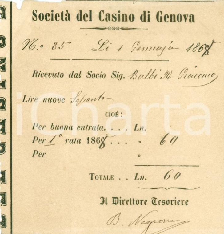 1868 GENOVA Marchese Giacomo BALBI paga quota Società CASINO *Documento