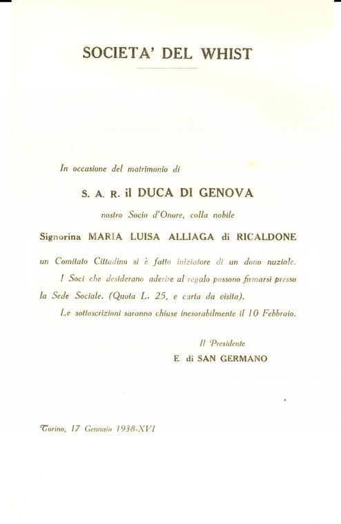 1938 TORINO Società del WHIST Dono di nozze a Ferdinando di SAVOIA-GENOVA