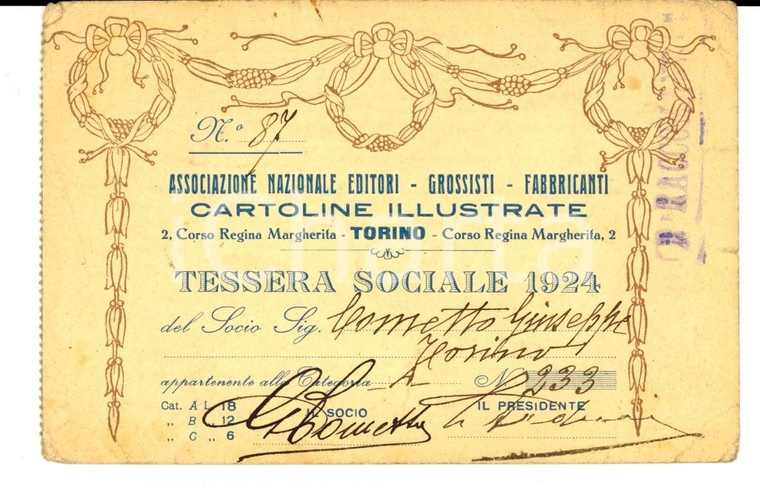 1924 TORINO Tessera Associazione Nazionale Editori di cartoline illustrate