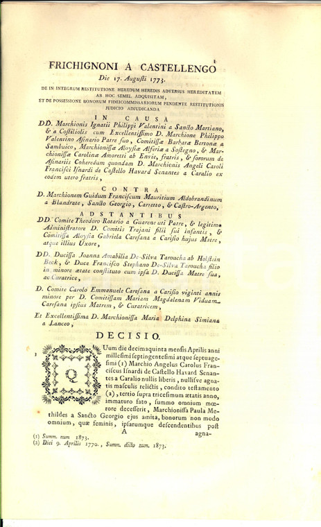 1773 CARAGLIO (CN) Lite per eredità marchese Angelo ISNARDI DE CASTELLO HAVARD