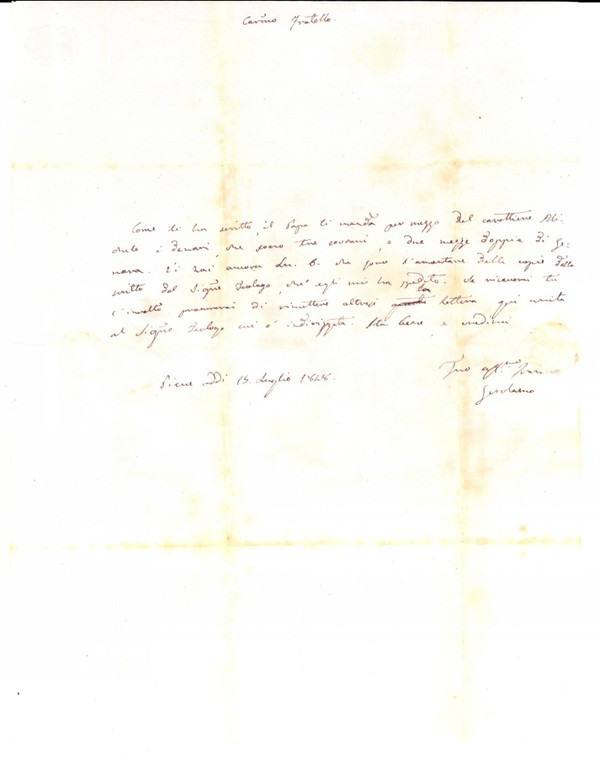 1848 PIEVE DI TECO (IM) Gerolamo BONFANTE promette denaro al fratello *Lettera