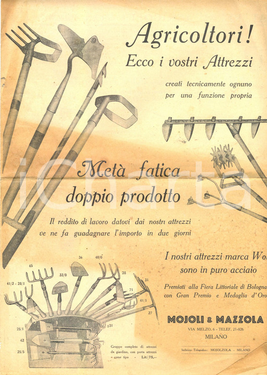 1930 ca MILANO Ditta MOJOLI & MAZZOLA Attrezzi WOLF per agricoltori *DANNEGGIATO
