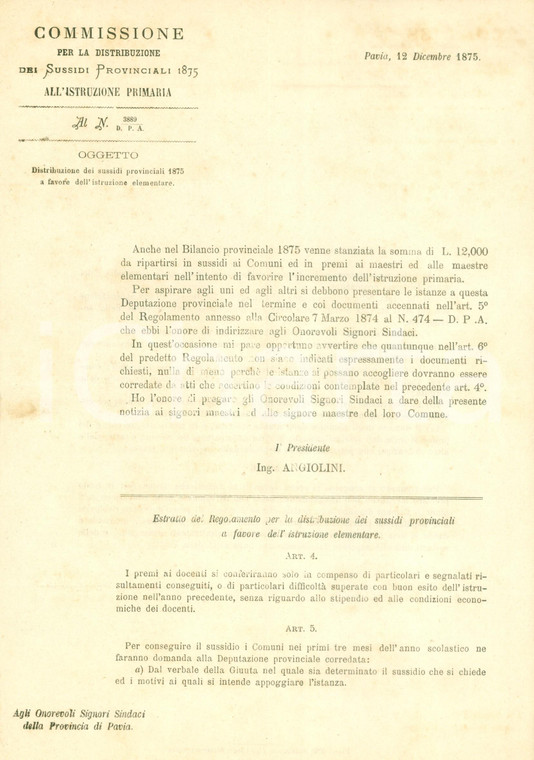 1875 PAVIA Distribuzione sussidi a maestri scuole elementari *Documento