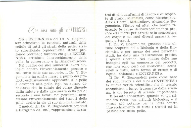 1960 ca ROMA Victor BOGOMOLETZ Externes per ringiovanire la pelle *Pubblicitario