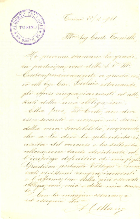 1911 TORINO Alberto CELLARIO ringrazia TORNIELLI per raccomandazione al figlio