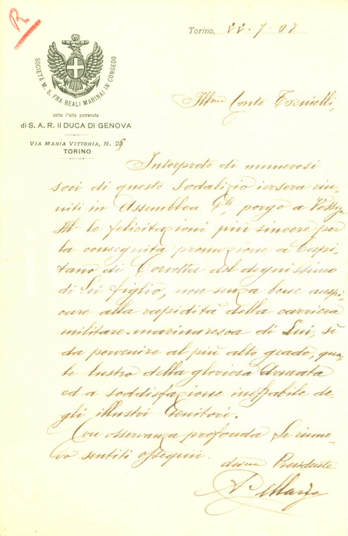 1911 TORINO Vittorio TORNIELLI promosso Capitano di Corvetta *Lettera